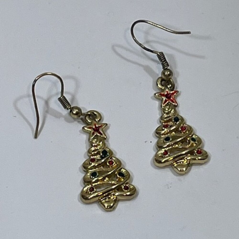 Pair Golden Christmas Tree Fish Hook Dangle Drop Holiday Earrings 1"